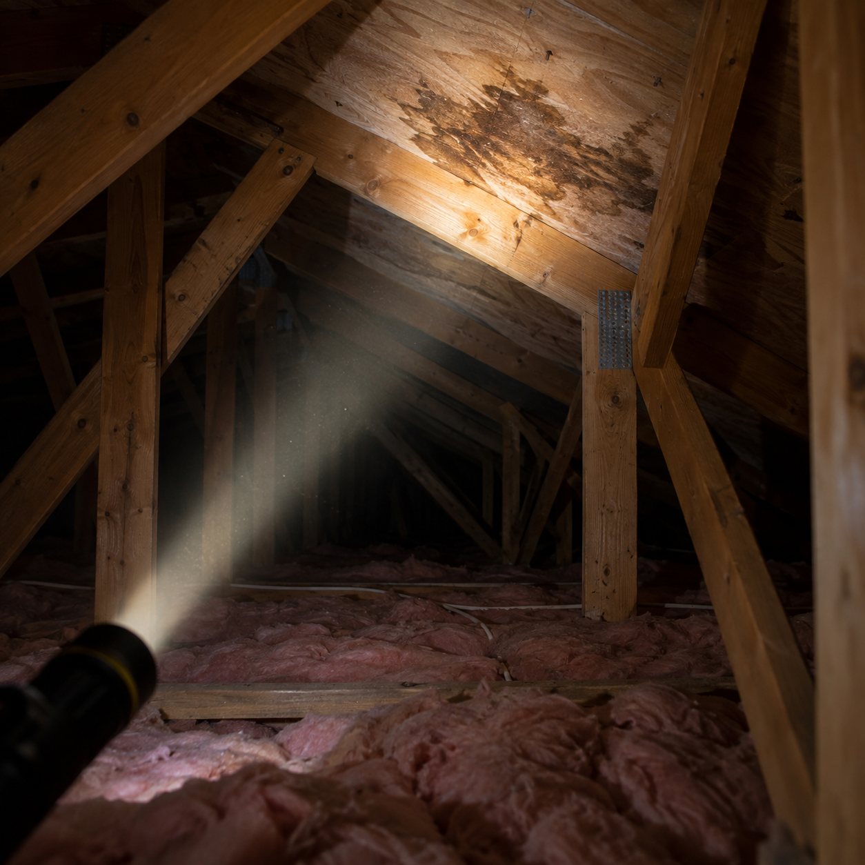 A flashlight beam lighting a water stain on attic roof sheathing