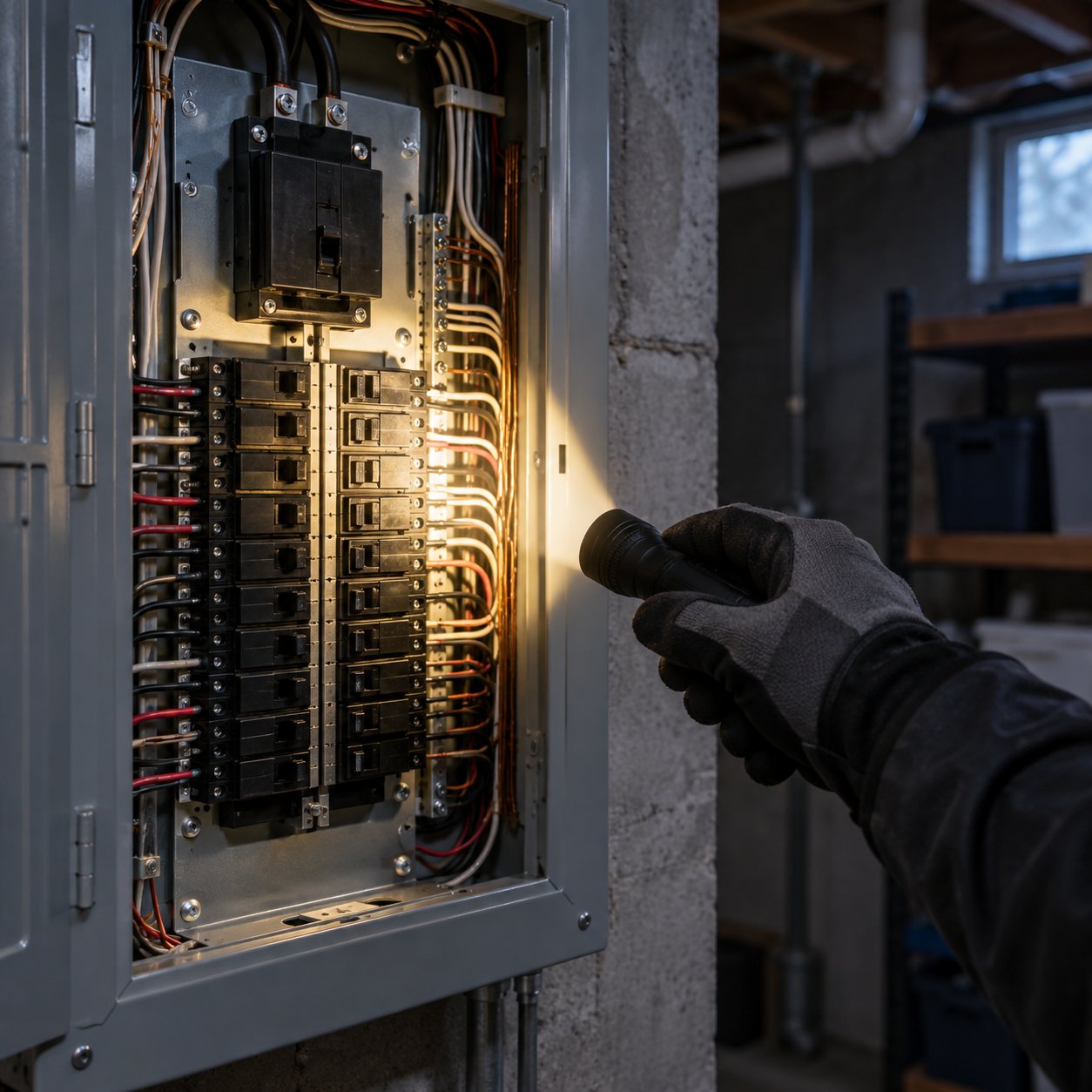 A gloved hand lighting an open electrical panel with a flashlight